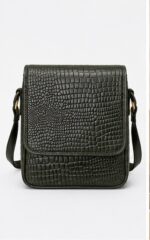 Blue-Grey Croc-Embossed Flap Crossbody Bag