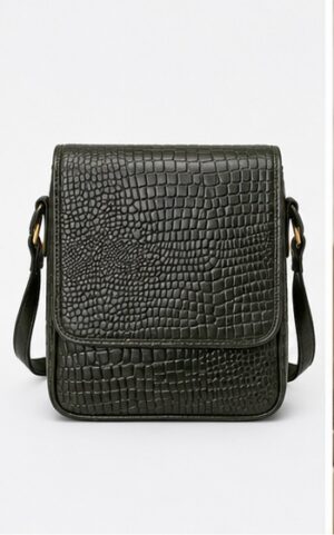 Blue-Grey Croc-Embossed Flap Crossbody Bag