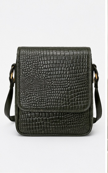 Blue-Grey Croc-Embossed Flap Crossbody Bag