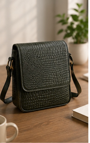 Blue-Grey Croc-Embossed Flap Crossbody Bag - Image 2