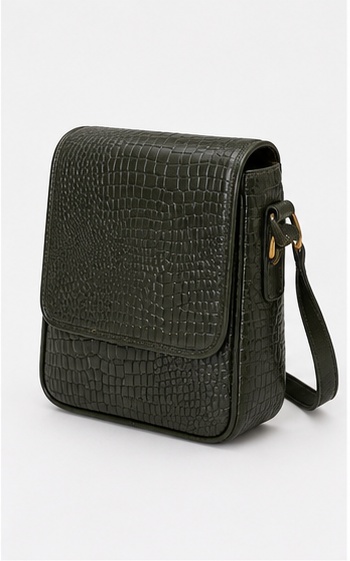 Blue-Grey Croc-Embossed Flap Crossbody Bag - Image 3