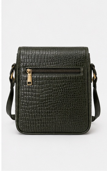 Blue-Grey Croc-Embossed Flap Crossbody Bag - Image 4