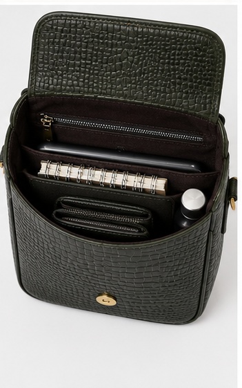 Blue-Grey Croc-Embossed Flap Crossbody Bag - Image 5