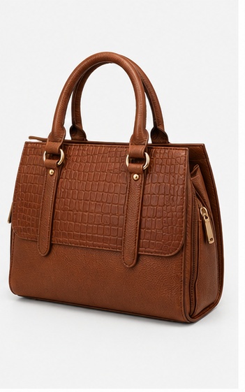 Brown Croc-Embossed Tote with Double Handles & Buckle Straps - Image 3