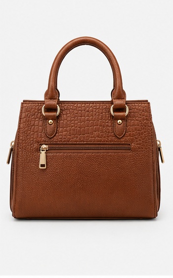 Brown Croc-Embossed Tote with Double Handles & Buckle Straps - Image 2