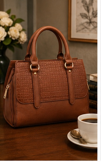 Brown Croc-Embossed Tote with Double Handles & Buckle Straps - Image 6