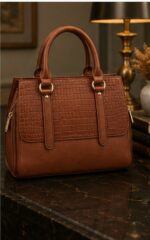 Brown Croc-Embossed Tote with Double Handles & Buckle Straps
