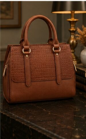 Brown Croc-Embossed Tote with Double Handles & Buckle Straps