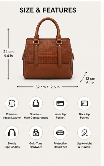Brown Croc-Embossed Tote with Double Handles & Buckle Straps - Image 7