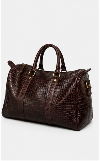 Dark Brown Croc-Embossed Leather Duffel Bag - Image 3