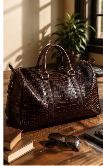 Dark Brown Croc-Embossed Leather Duffel Bag - Image 4