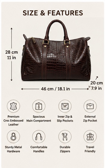 Dark Brown Croc-Embossed Leather Duffel Bag - Image 7