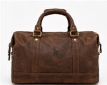 Brown Leather Buckle-Strap Weekender Duffel Bag