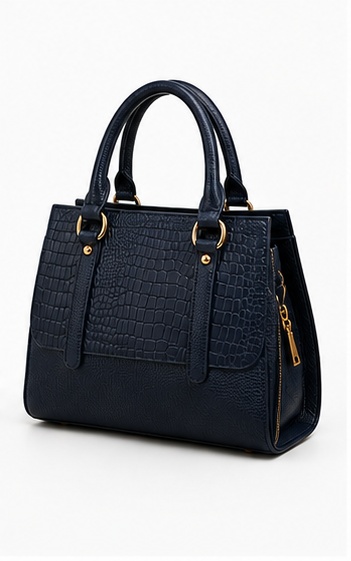 Navy Croc-Embossed Tote with Double Handles & Buckle Straps - Image 3