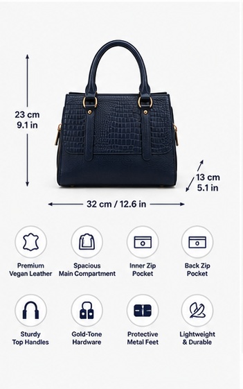 Navy Croc-Embossed Tote with Double Handles & Buckle Straps - Image 7