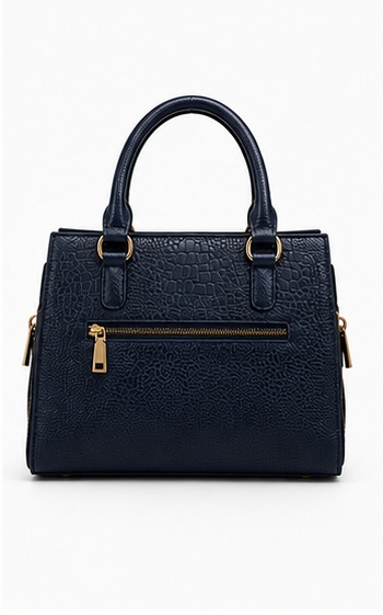 Navy Croc-Embossed Tote with Double Handles & Buckle Straps - Image 2