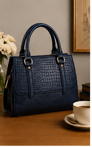 Navy Croc-Embossed Tote with Double Handles & Buckle Straps - Image 6