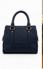 Navy Croc-Embossed Tote with Double Handles & Buckle Straps