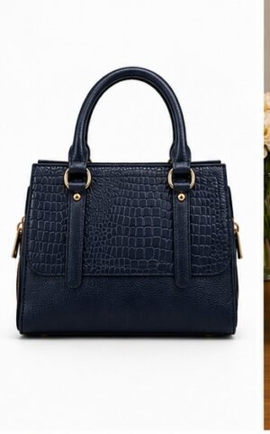 Navy Croc-Embossed Tote with Double Handles & Buckle Straps