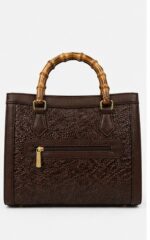 Dark Brown Embossed Leather Tote with Bamboo-Style Handles