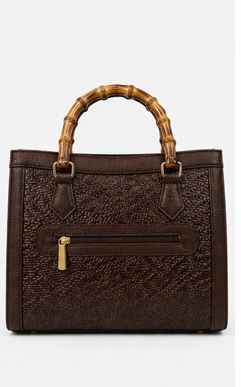 Dark Brown Embossed Leather Tote with Bamboo-Style Handles