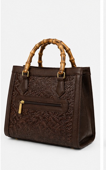 Dark Brown Embossed Leather Tote with Bamboo-Style Handles - Image 3