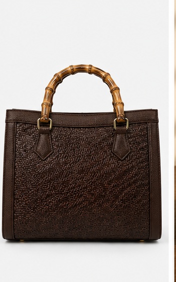 Dark Brown Embossed Leather Tote with Bamboo-Style Handles - Image 2
