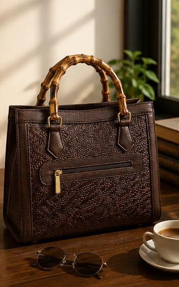 Dark Brown Embossed Leather Tote with Bamboo-Style Handles - Image 4