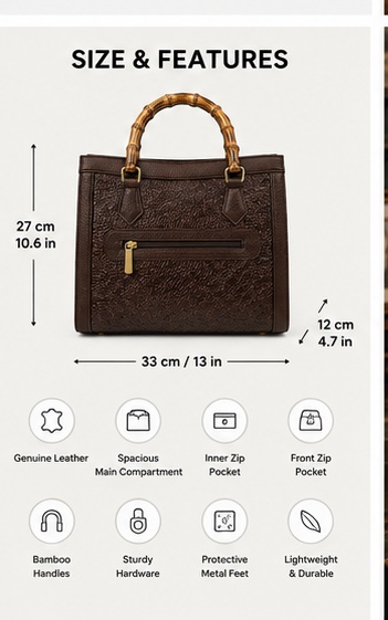 Dark Brown Embossed Leather Tote with Bamboo-Style Handles - Image 7
