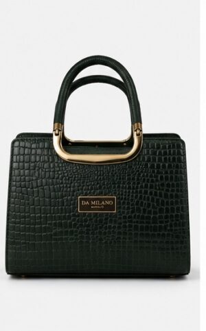 Dark Green Croc-Embossed Tote with Acrylic Ring Handles & Logo Plate
