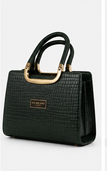 Dark Green Croc-Embossed Tote with Acrylic Ring Handles & Logo Plate - Image 3