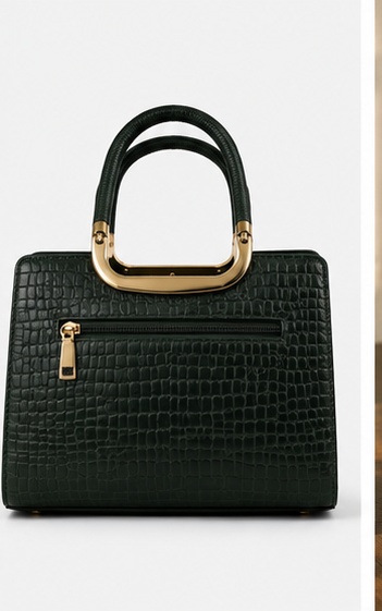 Dark Green Croc-Embossed Tote with Acrylic Ring Handles & Logo Plate - Image 2