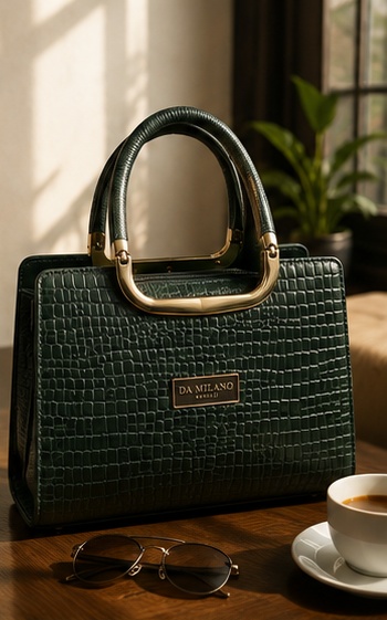 Dark Green Croc-Embossed Tote with Acrylic Ring Handles & Logo Plate - Image 4