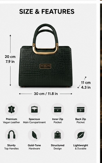 Dark Green Croc-Embossed Tote with Acrylic Ring Handles & Logo Plate - Image 7