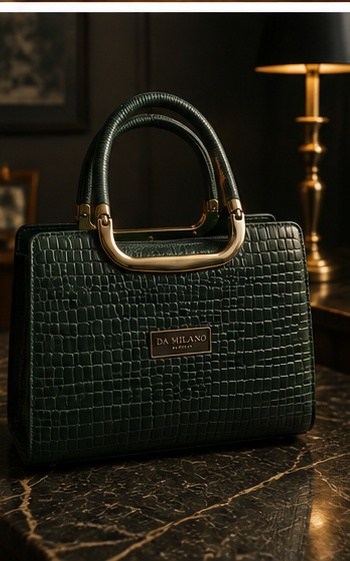 Dark Green Croc-Embossed Tote with Acrylic Ring Handles & Logo Plate - Image 8