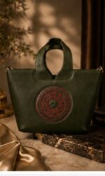 Dark Green Croc-Embossed Tote with Round Cut-Out Handle & Medallion Detail
