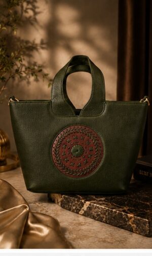 Dark Green Croc-Embossed Tote with Round Cut-Out Handle & Medallion Detail
