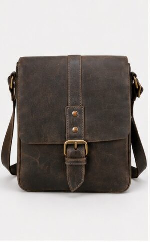 Grey Distressed Leather Crossbody Bag with Buckle Strap