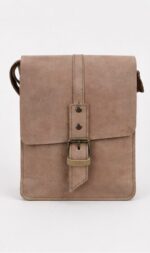 Grey-Taupe Suede-Finish Buckle-Flap Crossbody Bag