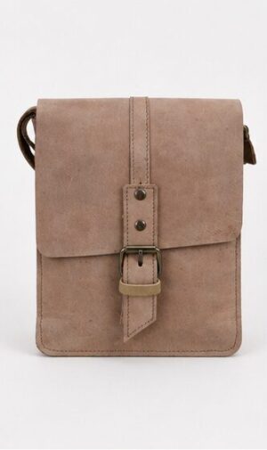 Grey-Taupe Suede-Finish Buckle-Flap Crossbody Bag
