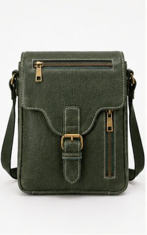 Green Leather Buckle & Zip Crossbody Bag