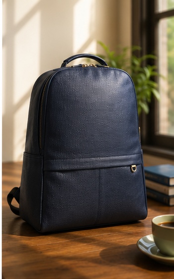 Navy Leather Structured Tote / Briefcase with Snap Closure - Image 4