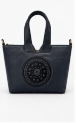Navy Leather Tote with Round Cut-Out Handle & Medallion Detail