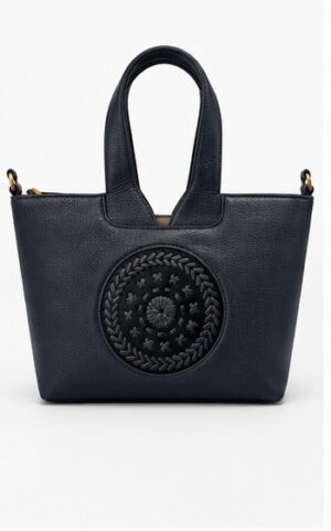 Navy Leather Tote with Round Cut-Out Handle & Medallion Detail