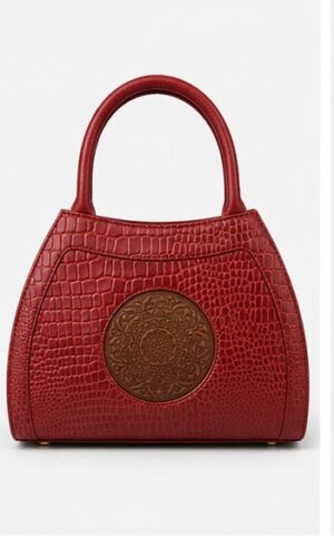 Red Croc-Embossed Tote with Medallion Detail & Curved Handles