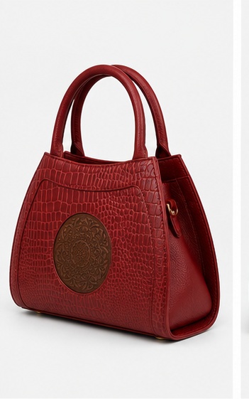 Red Croc-Embossed Tote with Medallion Detail & Curved Handles - Image 3