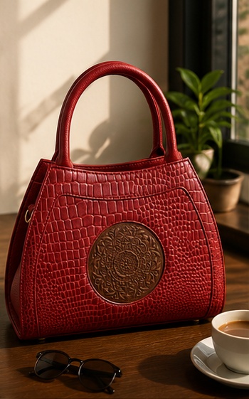 Red Croc-Embossed Tote with Medallion Detail & Curved Handles - Image 4