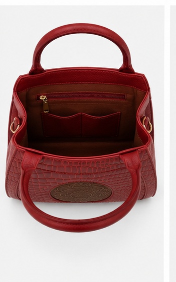 Red Croc-Embossed Tote with Medallion Detail & Curved Handles - Image 6