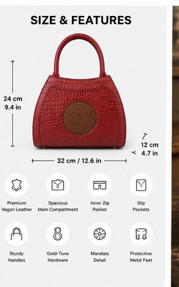 Red Croc-Embossed Tote with Medallion Detail & Curved Handles - Image 7