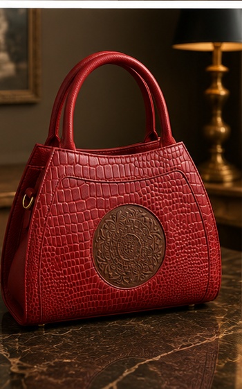 Red Croc-Embossed Tote with Medallion Detail & Curved Handles - Image 8